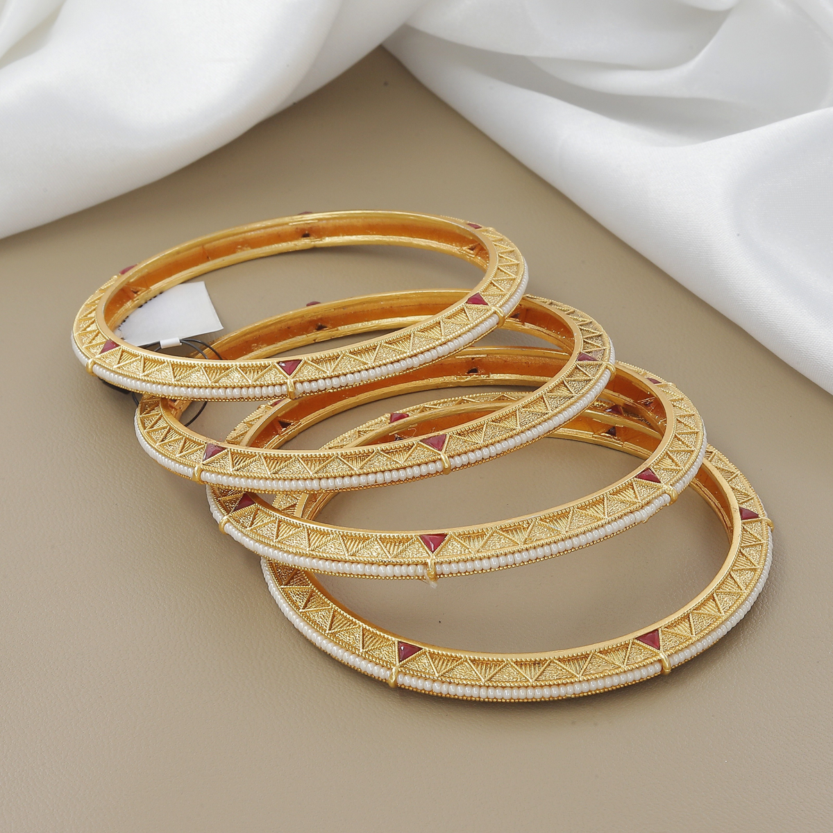 Antique Set of 4 Bangle Set with Ruby and Pearl Detailing