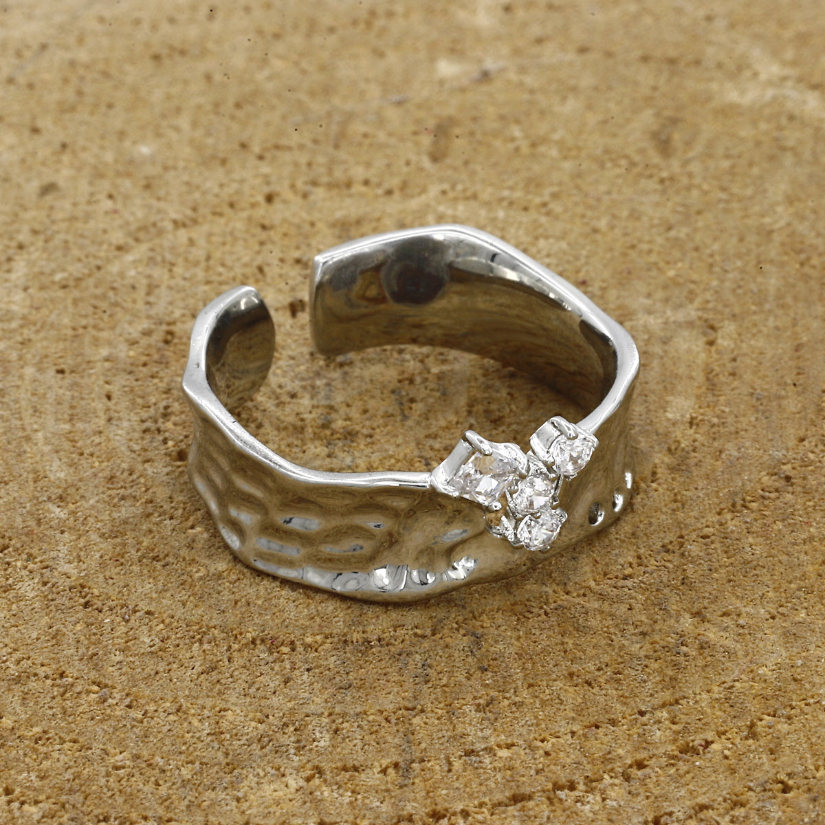 Organic Hammered Silver Adjustable Ring with Crystal Cluster