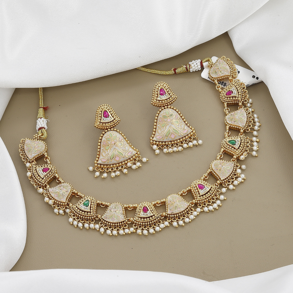 Pink & White Meenakari Necklace Set with Heart Motifs