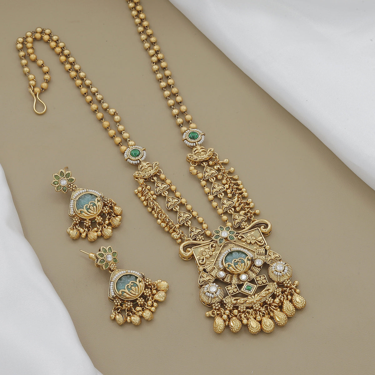 Antique Gold Plated Peacock Necklace Set with Green Stones