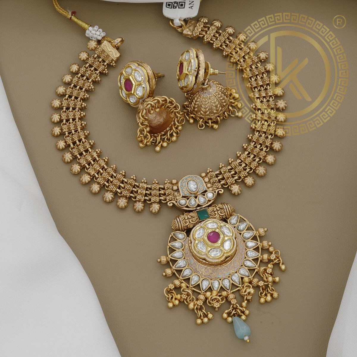 Antique Gold Tone Necklace Set with Dangling Bead