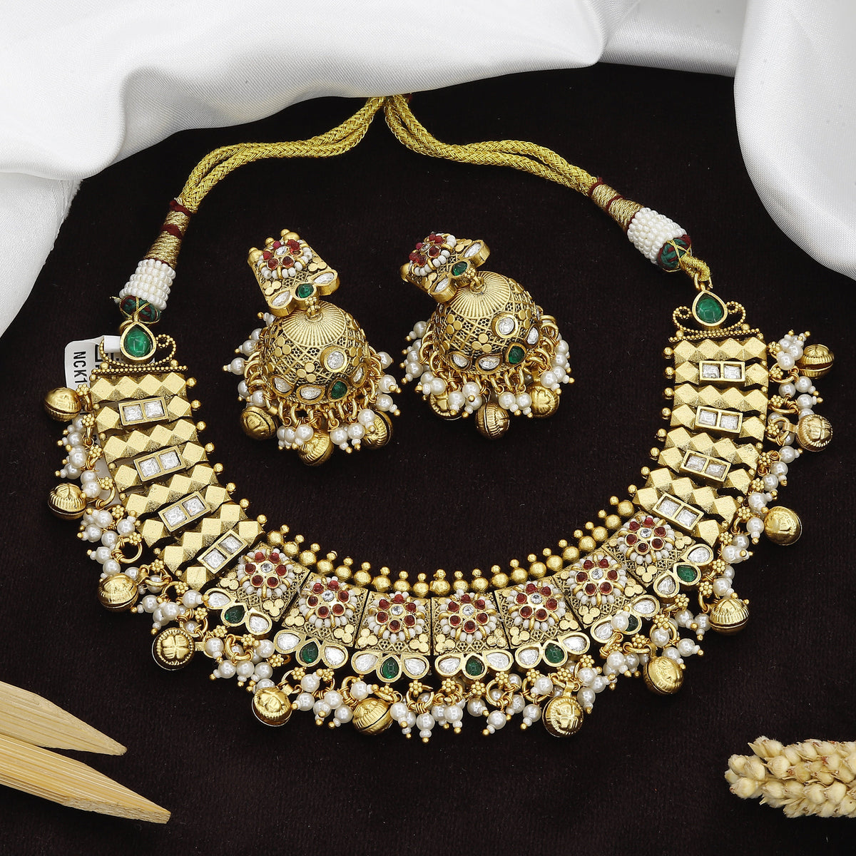 Premium Gold Plated CZ Necklace & Jhumka Earrings Set