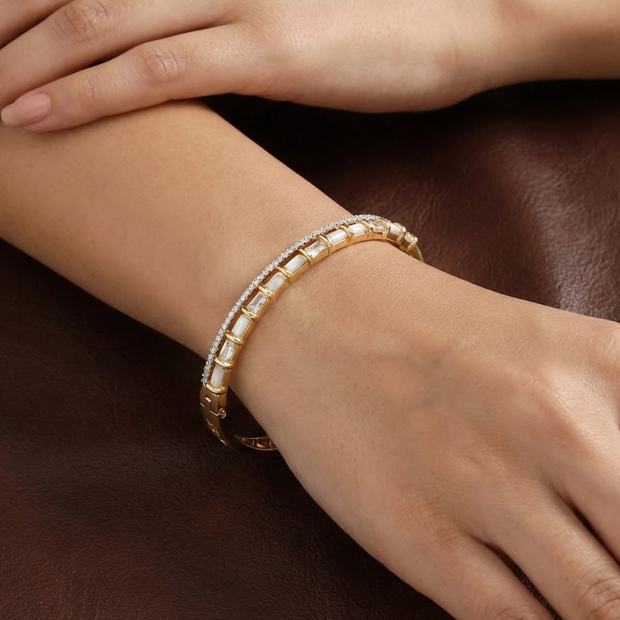 Luxurious Gold Double-Row Bangle with Baguette Crystals & White Inlay